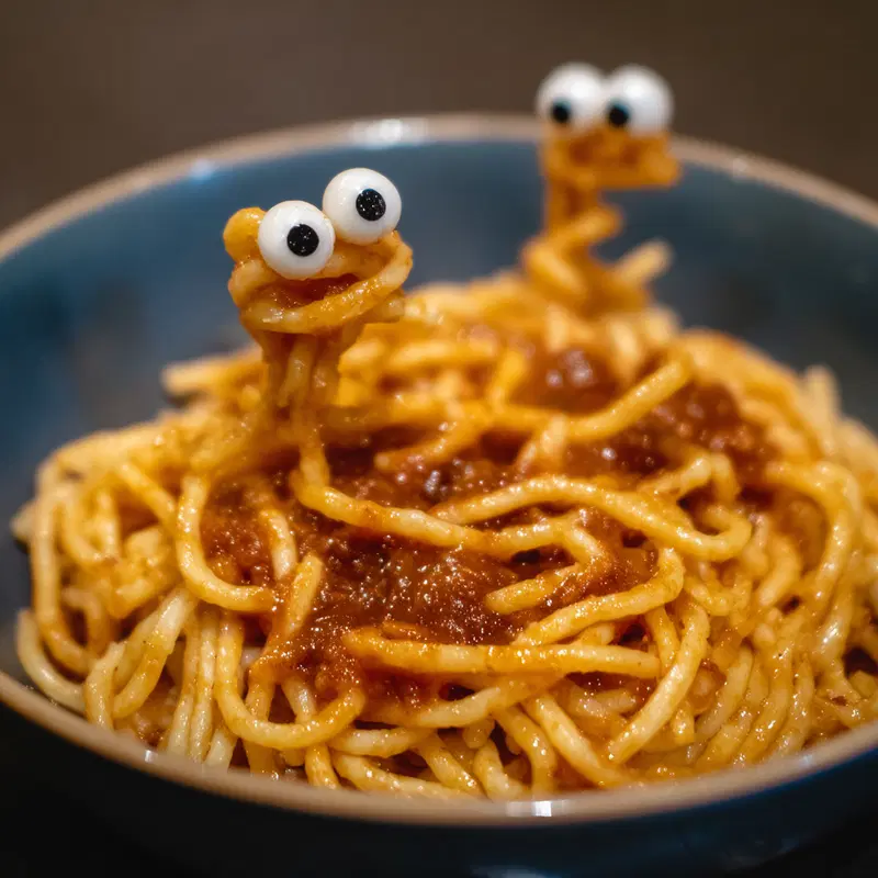 Creative Spaghetti Art with Googly Eyes for a Fun Food Display