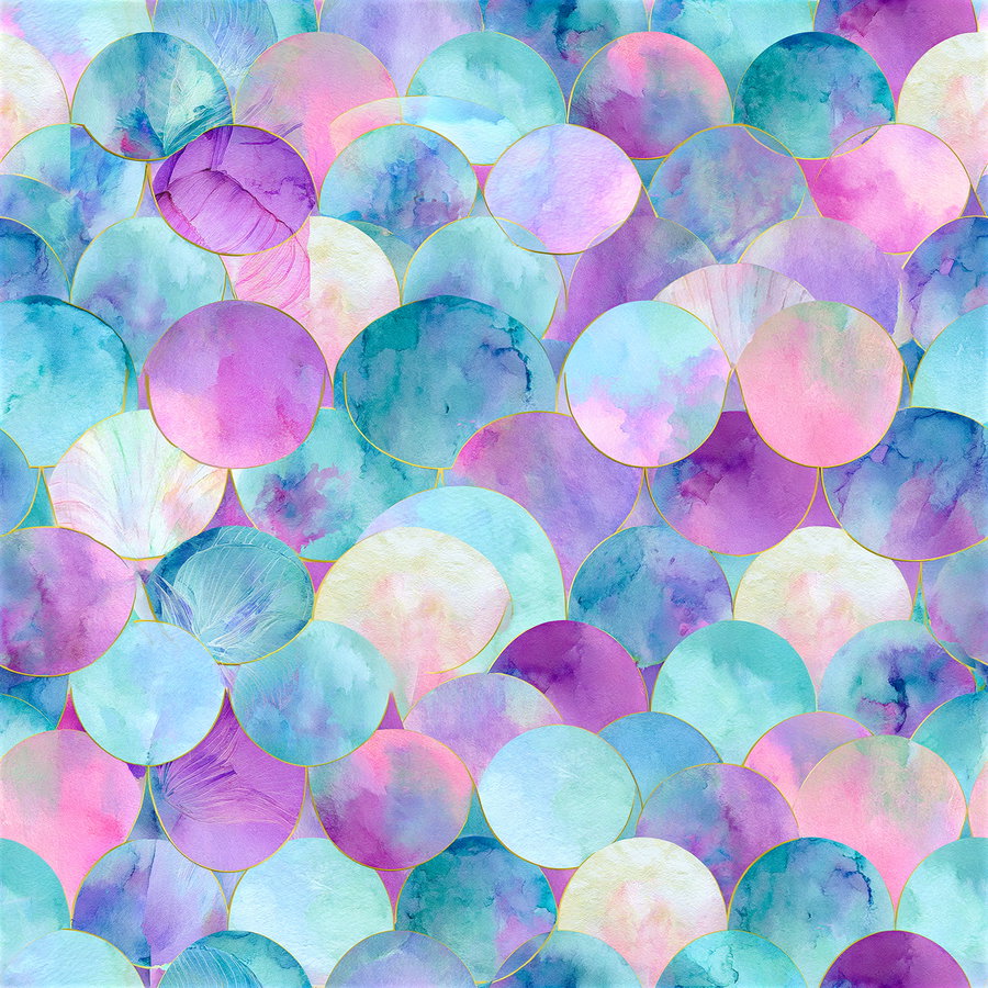 A pattern of overlapping watercolor circles in pastel shades of purple, blue, pink, and teal with fine gold outlines