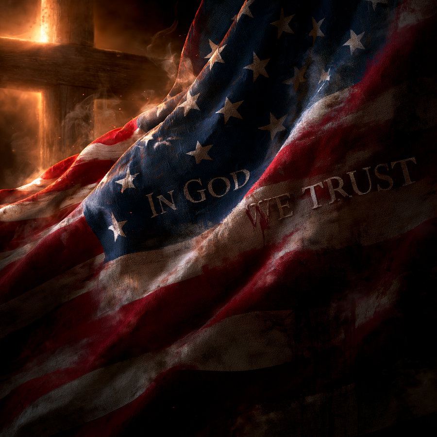 Close-up of a worn American flag with the words In God We Trust, illuminated by a glowing wooden cross and smoky, fiery background
