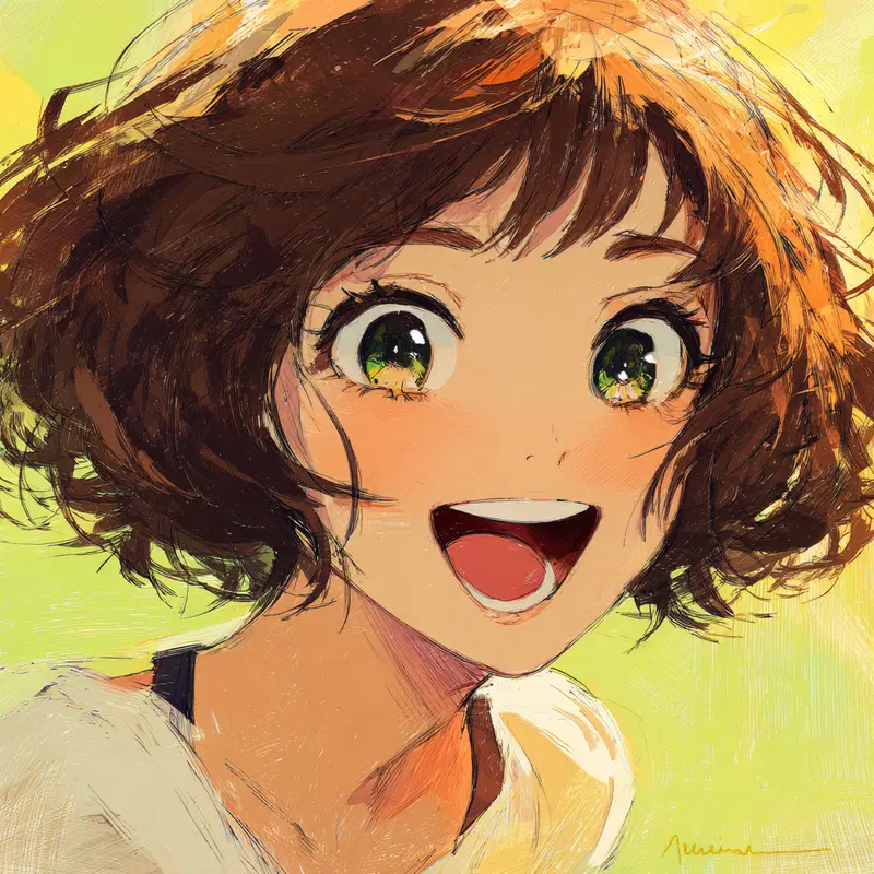 Vibrant Portrait Illustration of a Joyful Young Woman with Short Brown Hair