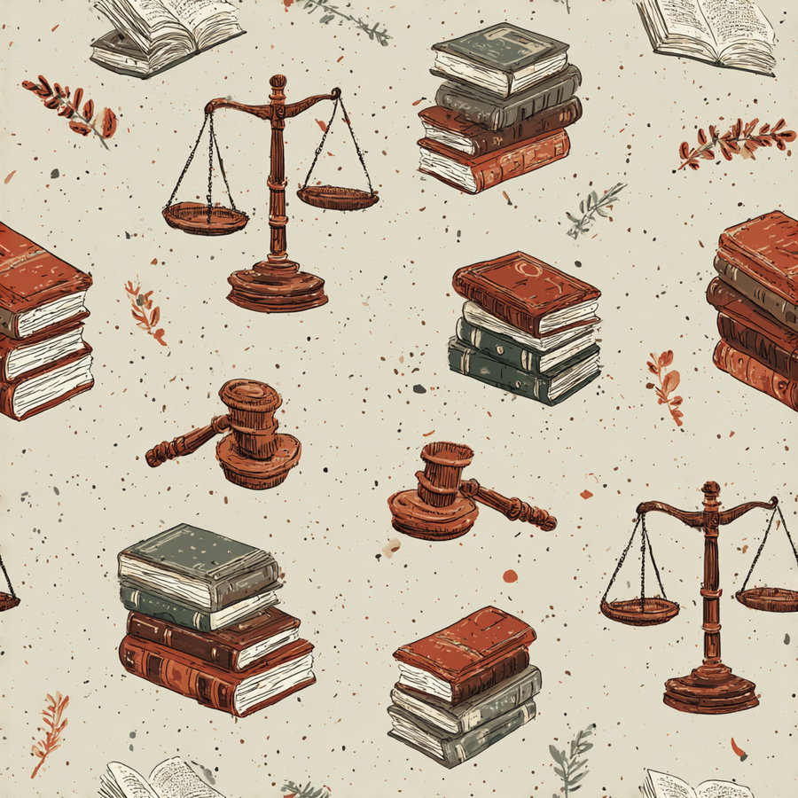 Seamless pattern featuring stacks of vintage books, scales of justice, gavels, and small leafy sprigs on a light beige background with scattered speckles.