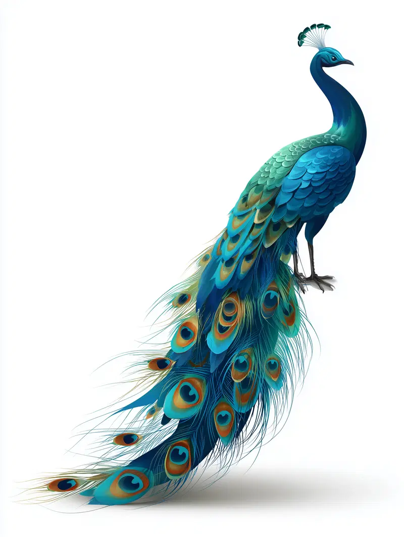 Detailed illustration of a peacock with vibrant blue and green feathers