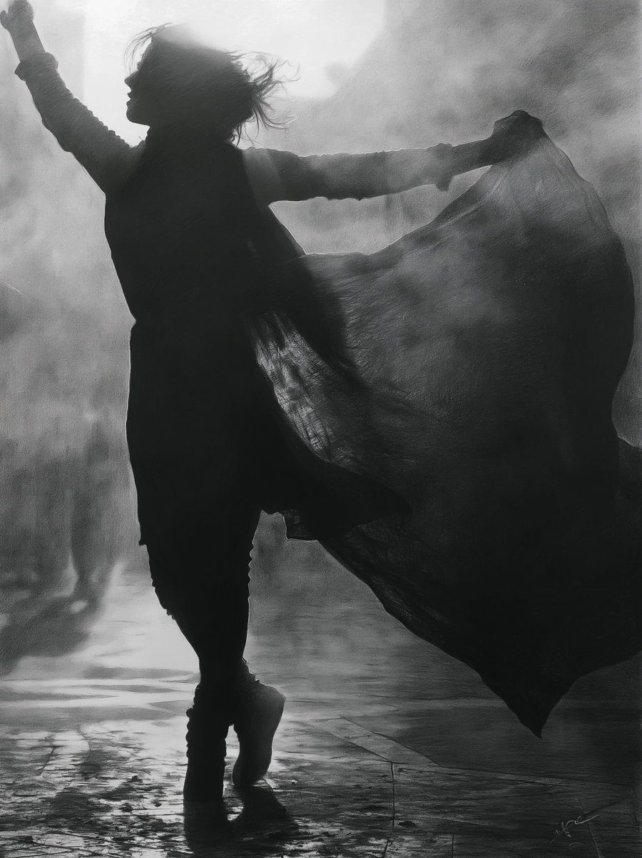 Black and white artistic silhouette of a person dancing with a flowing fabric in the air, with shadowy background and reflective floor.