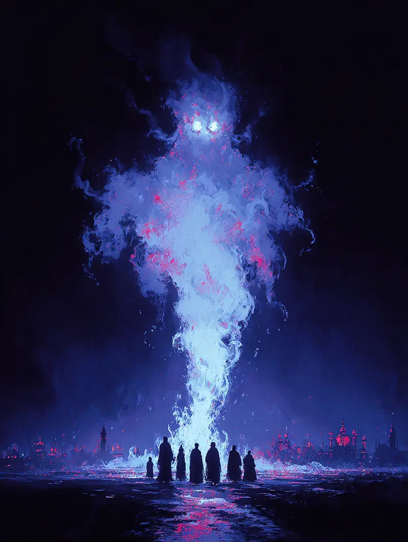 Dark academia art depicting cloaked figures facing a towering ghostly flame figure with glowing eyes