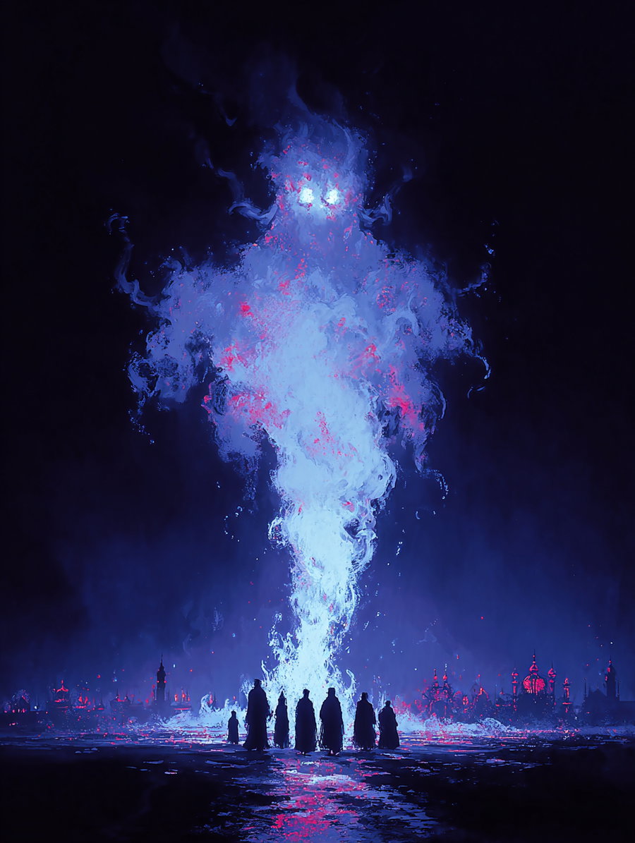 A group of cloaked figures standing before a towering, ghostly flame figure with glowing eyes emitting blue and pinkish light in a dark, eerie landscape with silhouetted cityscape in the background.