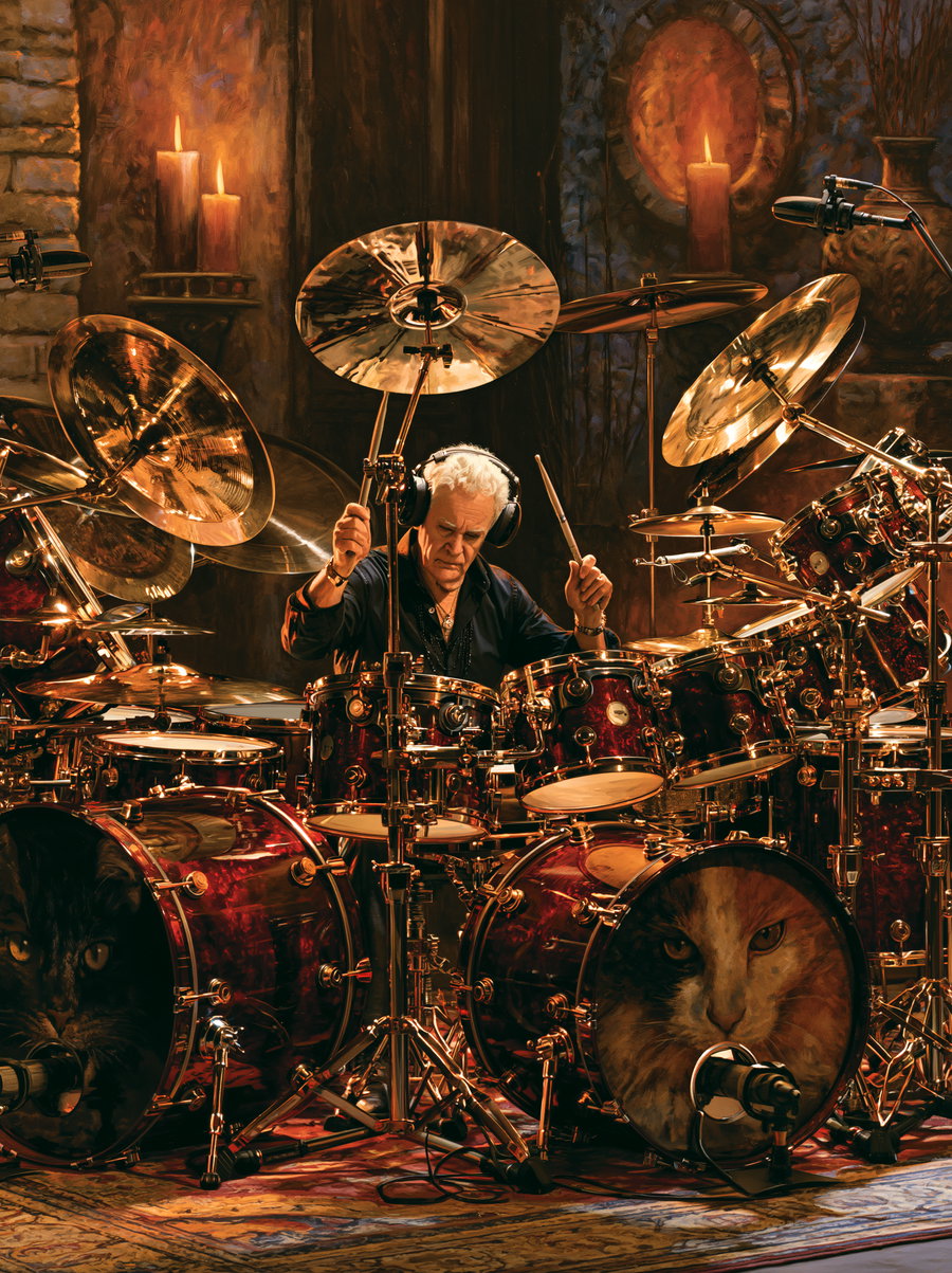 A skilled drummer playing a richly decorated drum set with animal motifs, surrounded by warm candlelight and rustic decor.