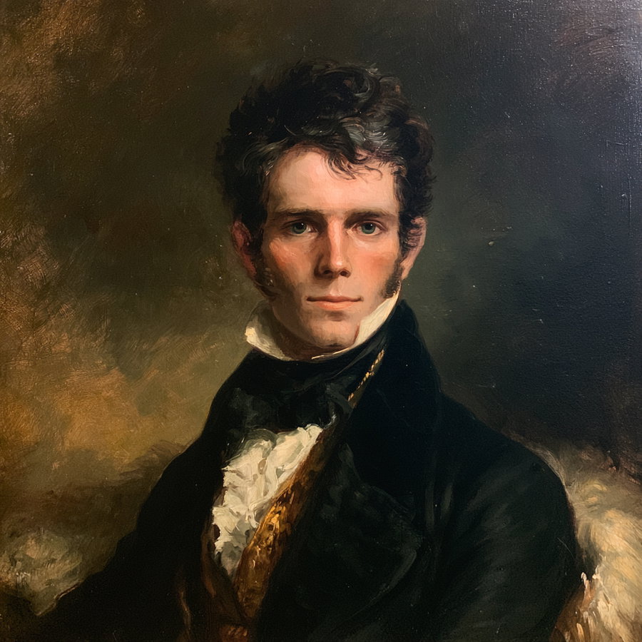 Oil painting showing a young man with dark curly hair, wearing a black coat, white ruffled shirt, and gold vest, looking directly at the viewer with a neutral expression