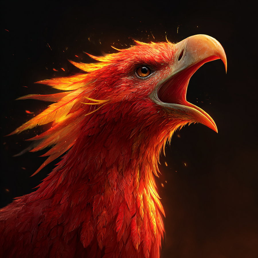 A vibrant digital painting of a red bird with feathers that appear to be glowing and emitting embers against a dark background