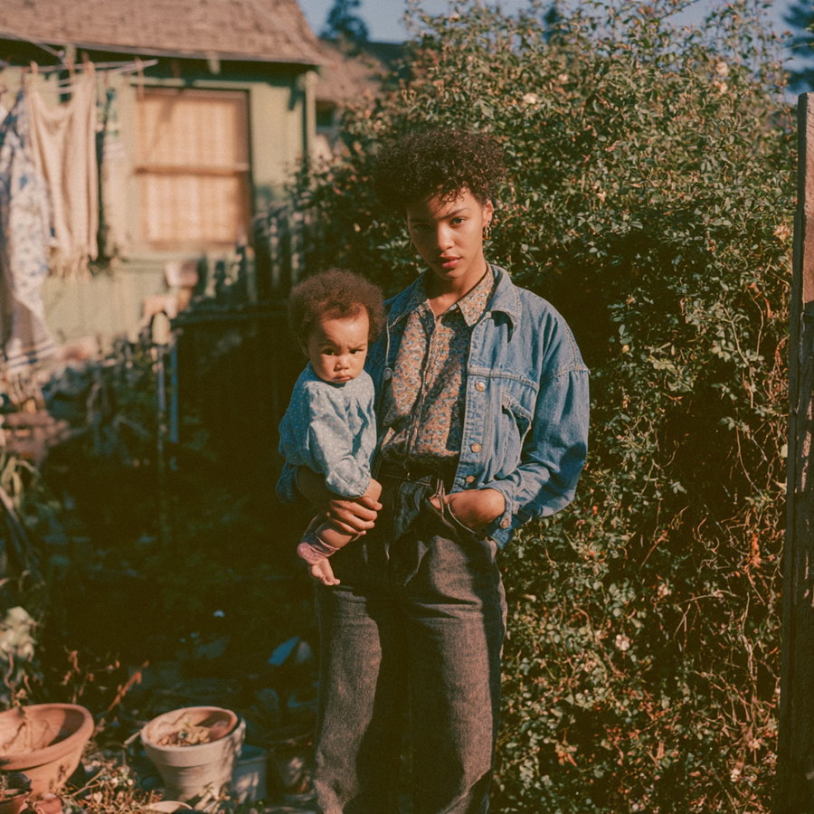 A woman with curly hair wearing a denim jacket holds a baby in a blue outfit, standing outside in front of a green leafy bush with a wooden structure and hanging laundry in the background