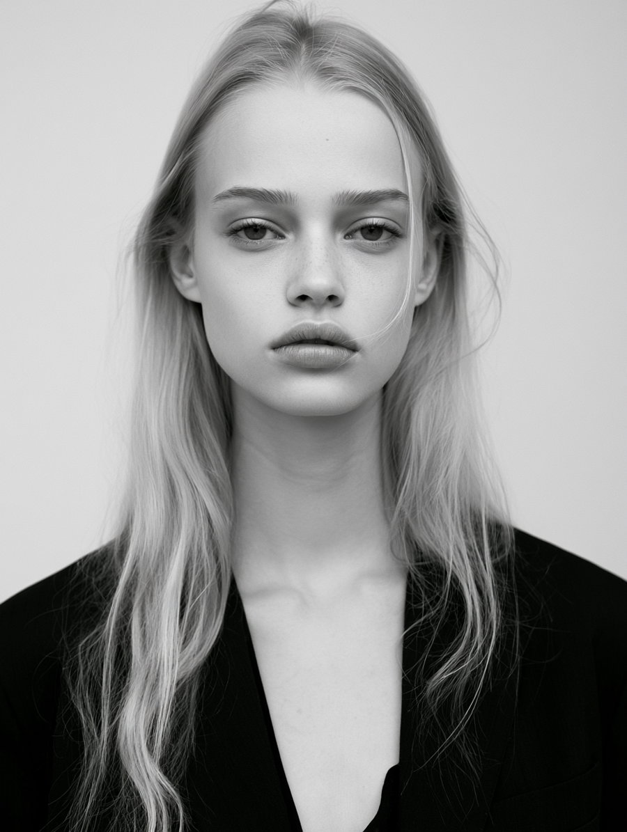 Black and white photograph of a young woman with long straight blonde hair wearing a black top against a plain background