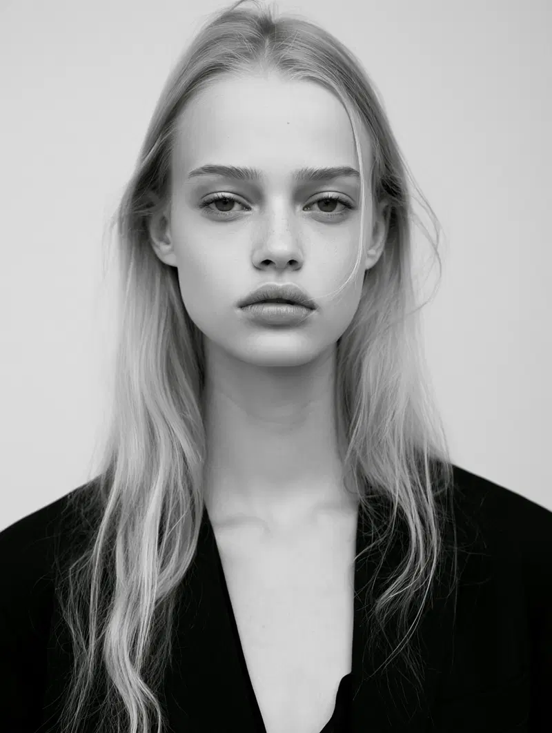 Black and white portrait of a young woman with long blonde hair and neutral expression