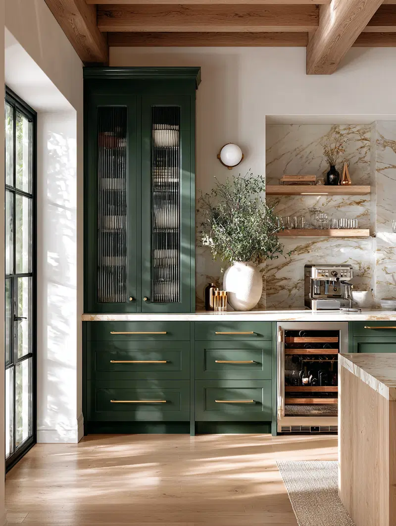 Sophisticated kitchen interior with green cabinetry and gold accents under natural light