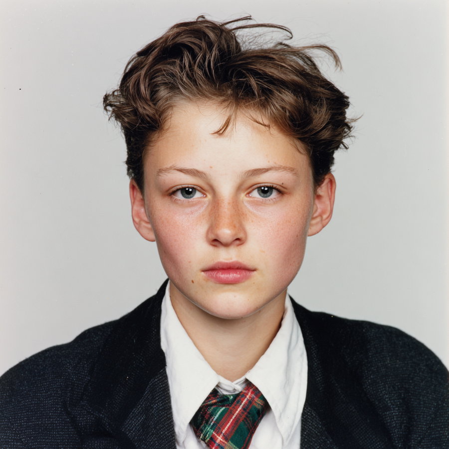 A close-up image of a young person with short wavy hair, blue eyes, and freckles, wearing a white shirt, a dark blazer, and a multicolored tie, against a plain light background.