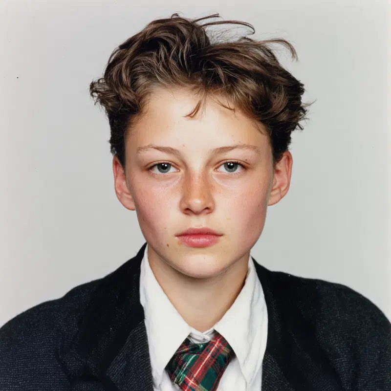 Close-up portrait of a young person with natural expression in formal attire