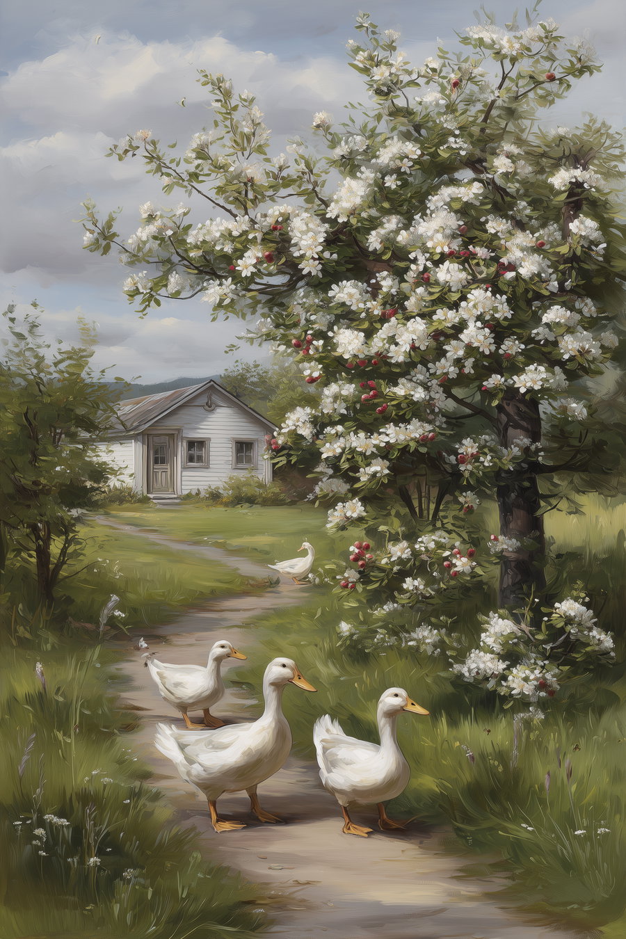 Painting of four white ducks walking on a dirt path near a small white house with a blooming tree bearing white flowers and red fruits
