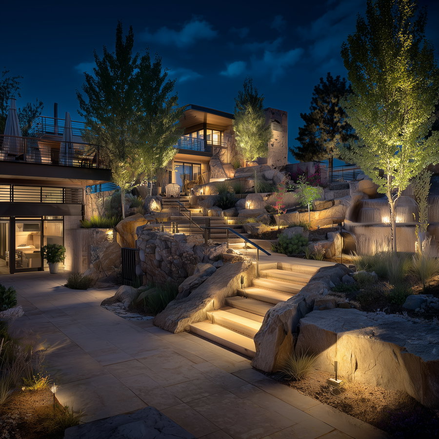 A modern house at night with stone steps leading up a landscaped garden, illuminated with warm lights and surrounded by trees