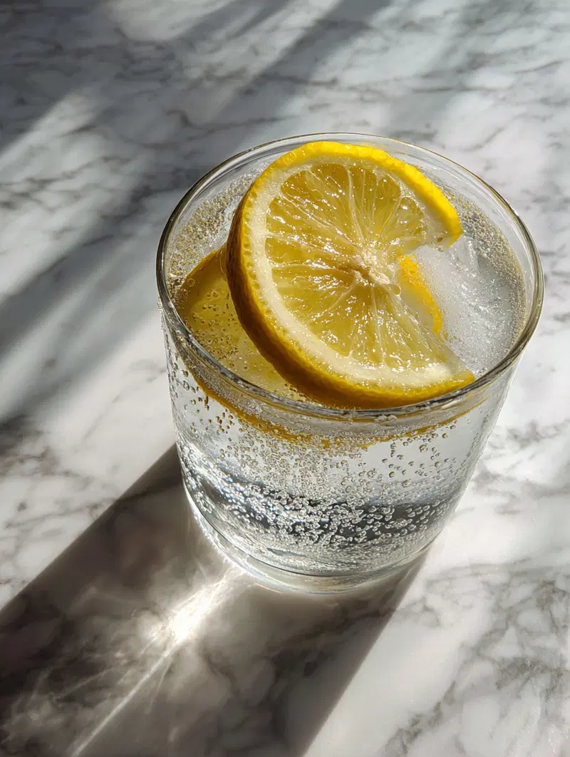 Still life photo of a refreshing glass with lemon slices and sparkling water