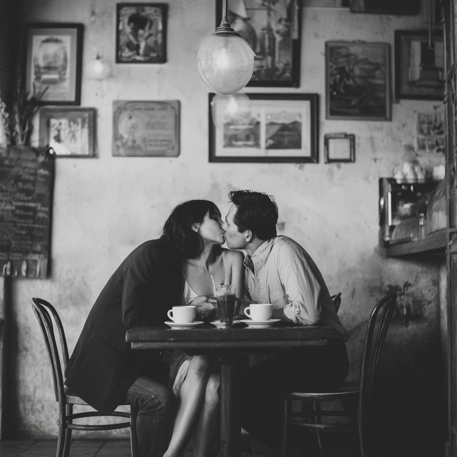Black and white photo of a couple kissing at a small café table with coffee cups, surrounded by vintage framed pictures on a textured wall