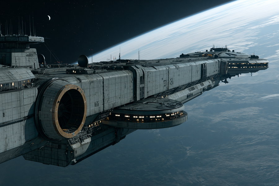 A large, detailed futuristic spaceship floating in space with an Earth-like planet and crescent moon in the background