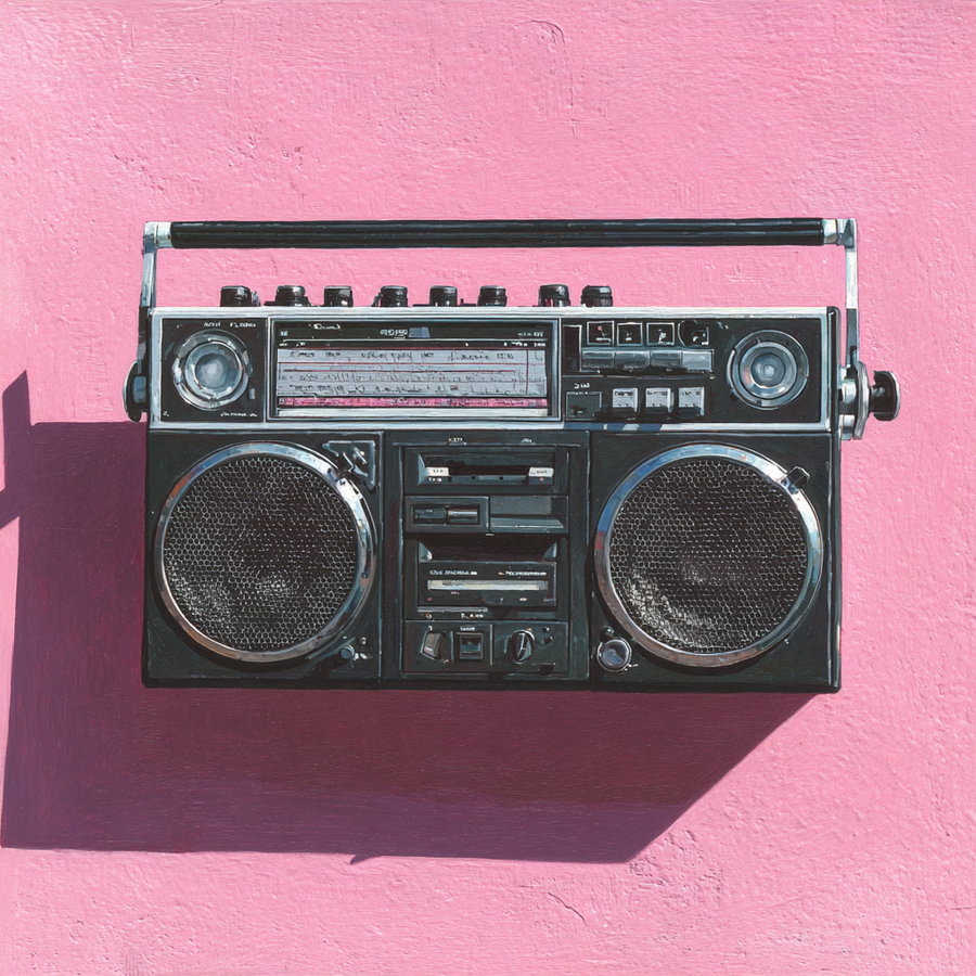 A black vintage boombox radio casting a shadow on a pink textured wall