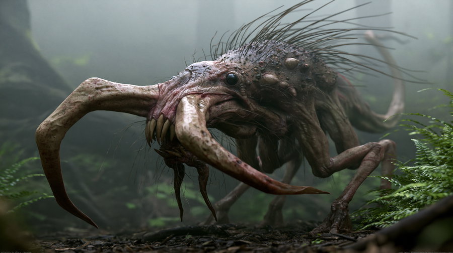 A detailed creature resembling a monstrous animal with large claws, spines on its back, dark eyes, and a textured body, standing on forest ground with ferns and mist in the background