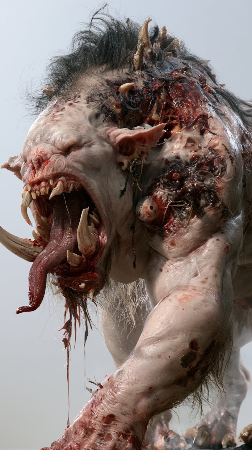 A highly detailed and grotesque fantasy creature with sharp fangs, spikes on its head, blood, and a muscular arm in a dynamic pose