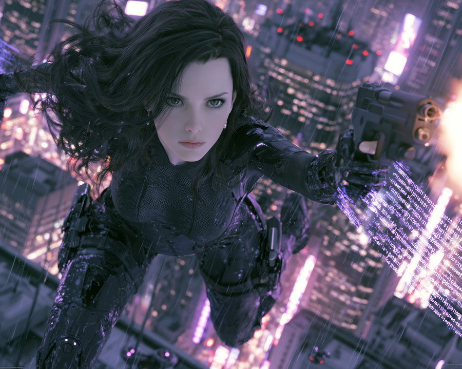 A woman with black hair in dark armored clothing firing a handgun, set against a futuristic cityscape at night with digital interface elements and rain.