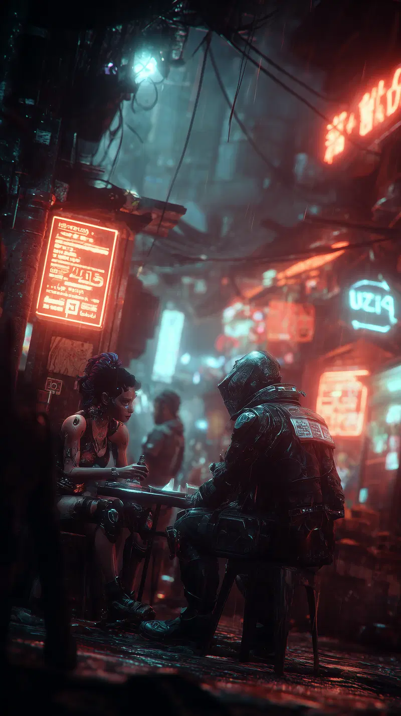 Futuristic cyberpunk scene with two characters in a rainy neon-lit alley