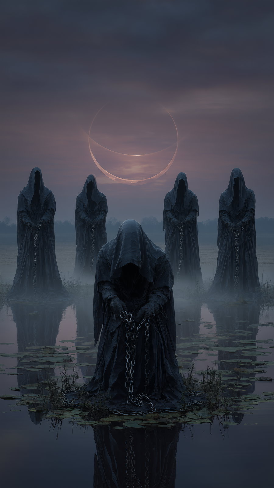 Five dark cloaked hooded figures holding chains, standing in water with lily pads and mist, with a large crescent moon glowing in the cloudy sky at dusk