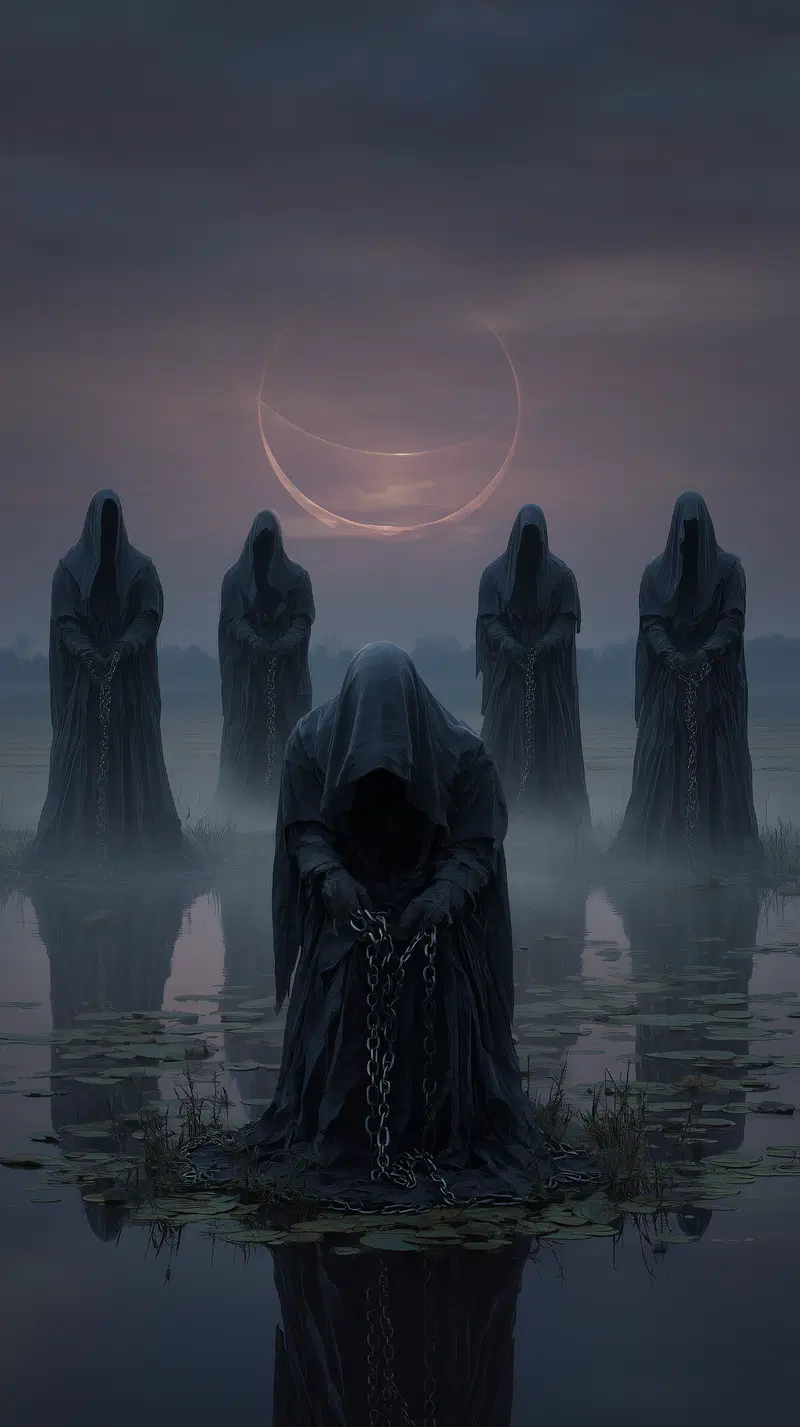 Dark hooded figures with chains standing in misty water under a crescent moon
