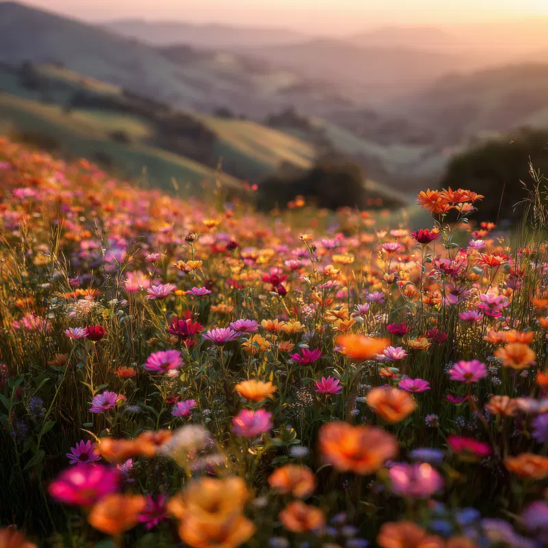 Vibrant floral meadow with wildflowers bathed in warm sunset light
