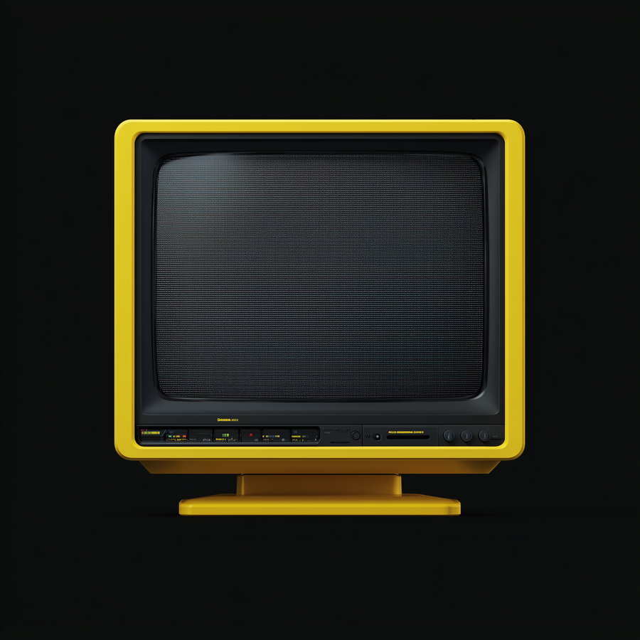 A yellow retro television set with a rounded screen and control buttons on the front, displayed against a solid black background.