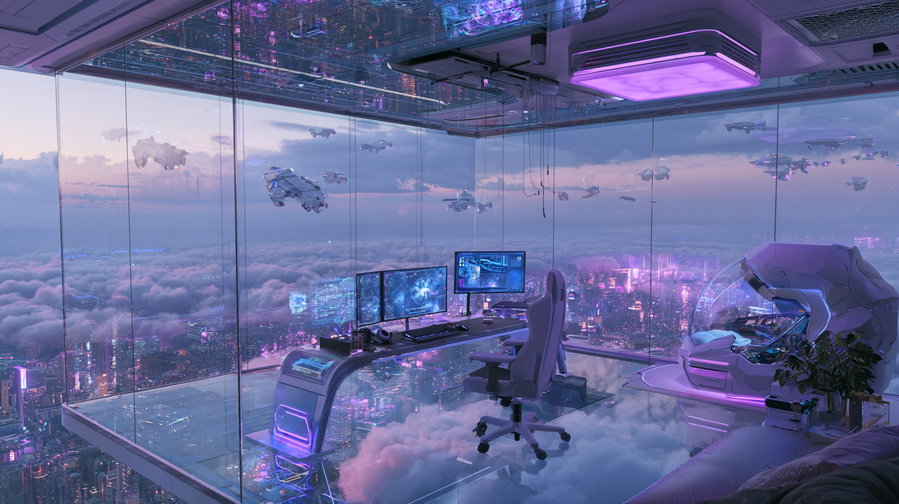 A high-tech office with multiple screens, a gaming chair, and a futuristic pod chair inside a glass room overlooking a neon-lit city above the clouds with hovering futuristic aircraft