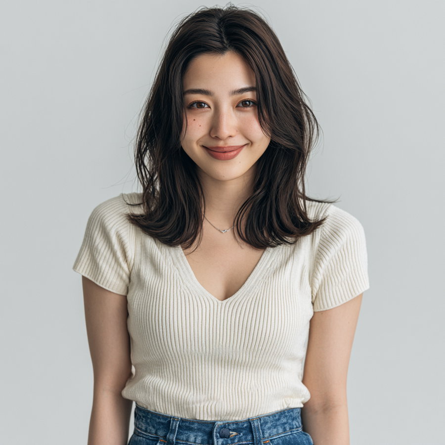 Portrait of a woman with medium-length dark hair, wearing a ribbed cream V-neck short-sleeve top and denim high-waisted jeans, smiling gently against a plain light gray background