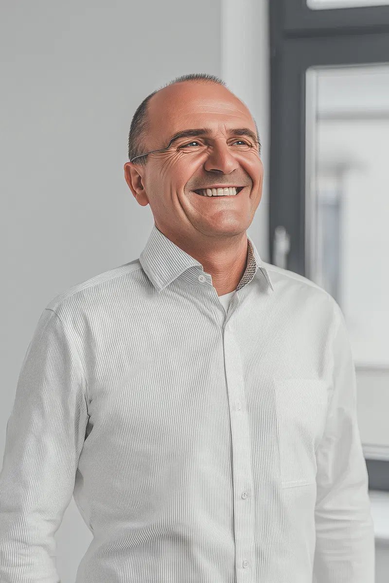 Smiling mature man wearing white shirt in an indoor setting portrait
