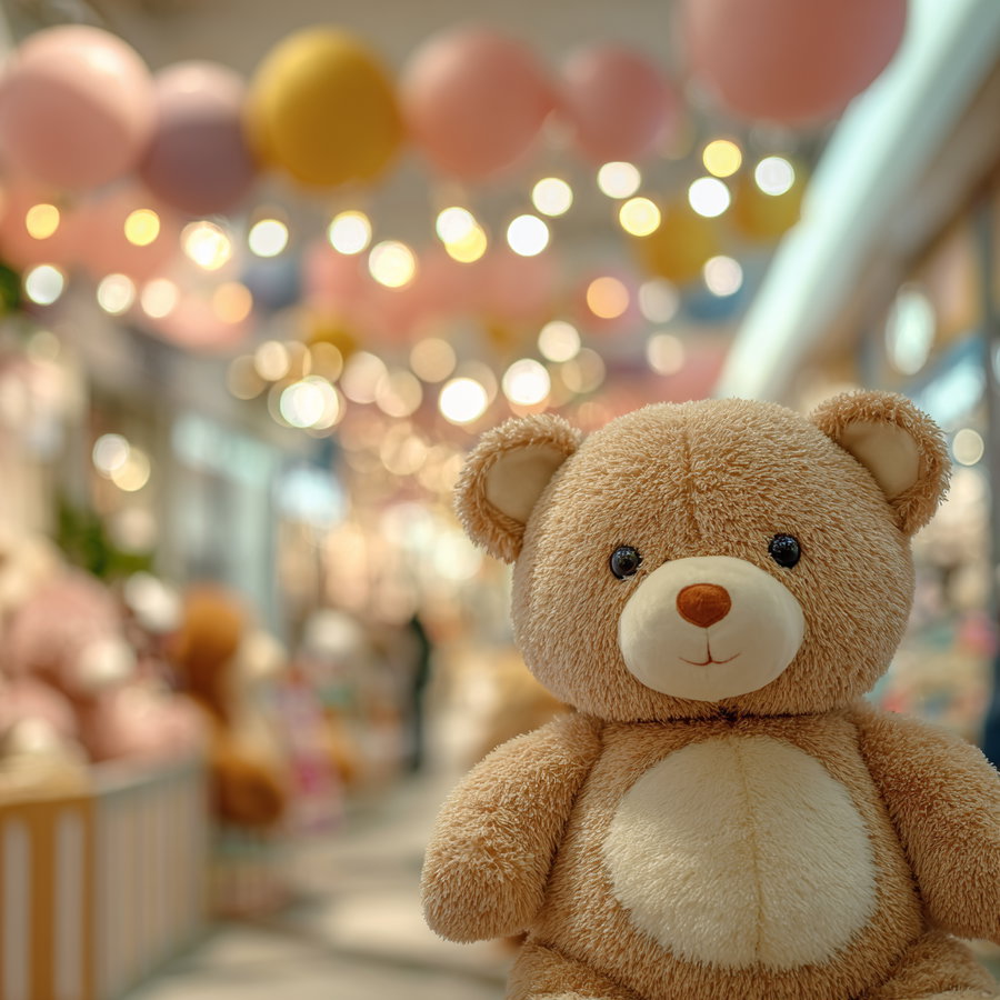 a close-up of a brown plush teddy bear with a cream belly and nose, standing indoors with blurred colorful balloons and bokeh lights in the background