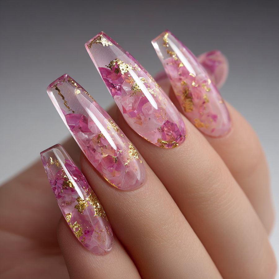 Close-up of hand showing long square-shaped nails with transparent pink nail art featuring embedded pink floral elements and gold leaf accents