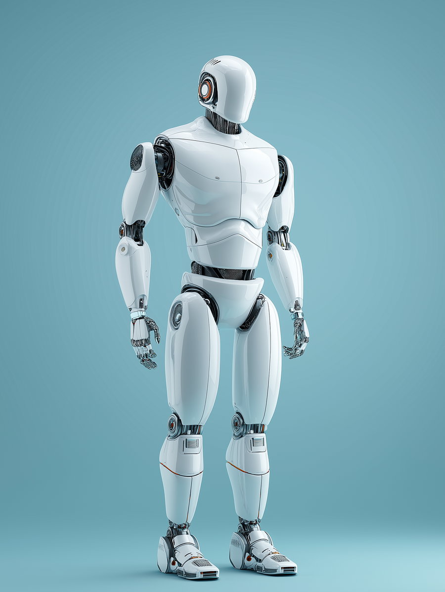 Full-body view of a white, humanoid robot with a smooth design and mechanical joints standing on a blue gradient background