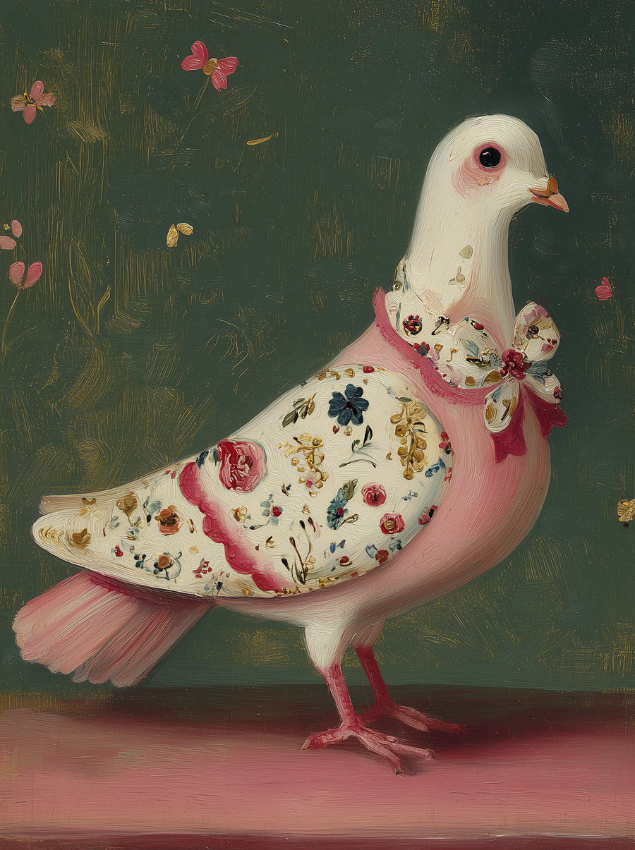 Oil painting of a white and pink bird wearing floral patterned fabric and bow against a textured dark green background with small flowers.