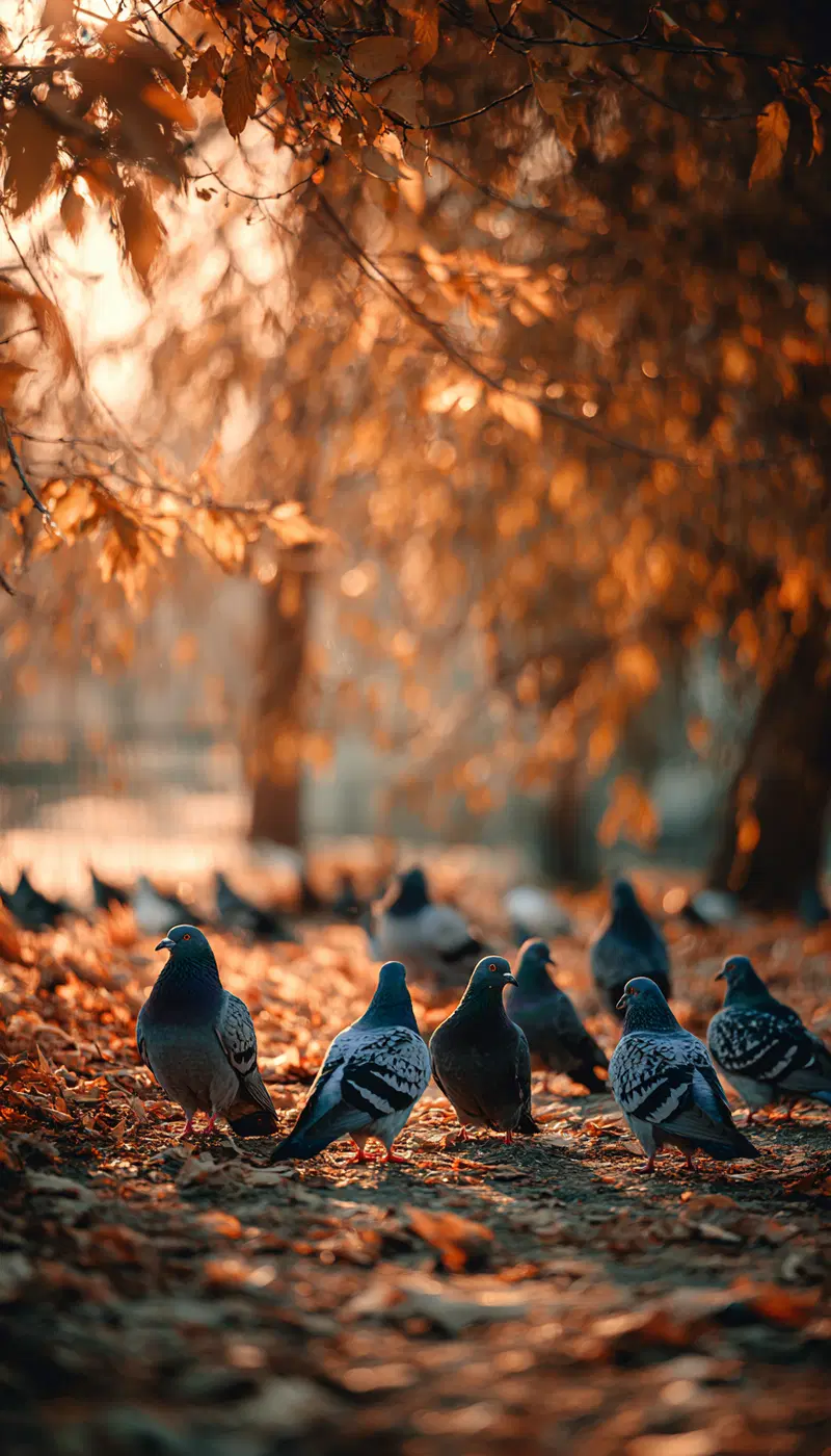 Pigeons on autumn leaves with warm sunlight filtering through trees
