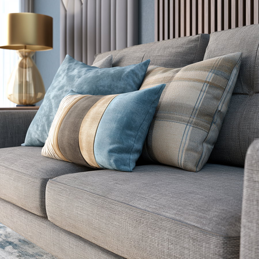 Gray fabric sofa with three decorative pillows in blue, beige, and striped patterns with a gold lamp in the background