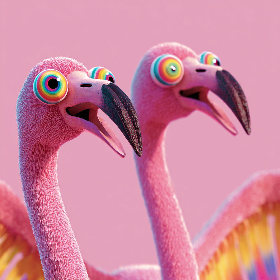 Two pink flamingos with textured feathers and large rainbow-colored eyes, one slightly behind the other, both with open beaks, set against a solid pink backdrop