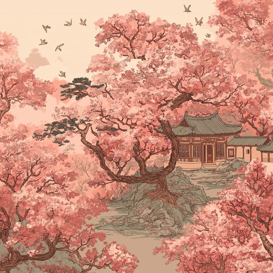 Illustration of a traditional Asian building surrounded by large cherry blossom trees in full bloom with flying birds above.