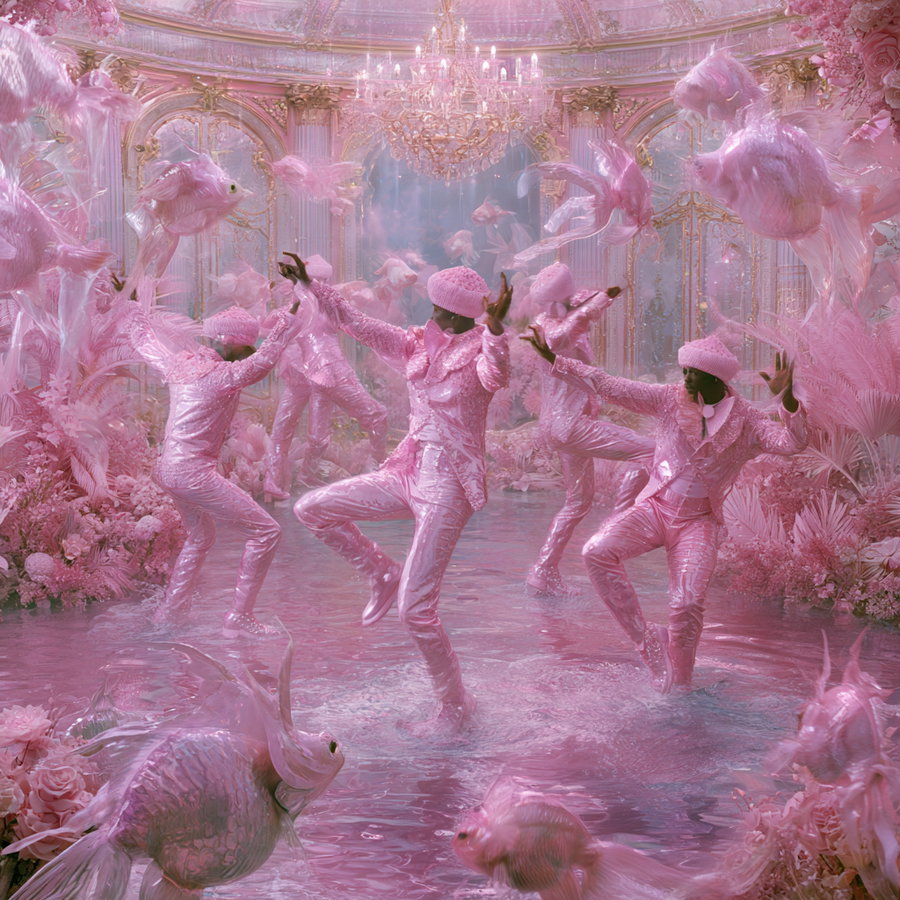 Four dancers dressed in shiny pink outfits and hats dancing in a shallow water pool with pink flowers and large pink fish floating around them in an ornate room with chandeliers and gold-trimmed windows