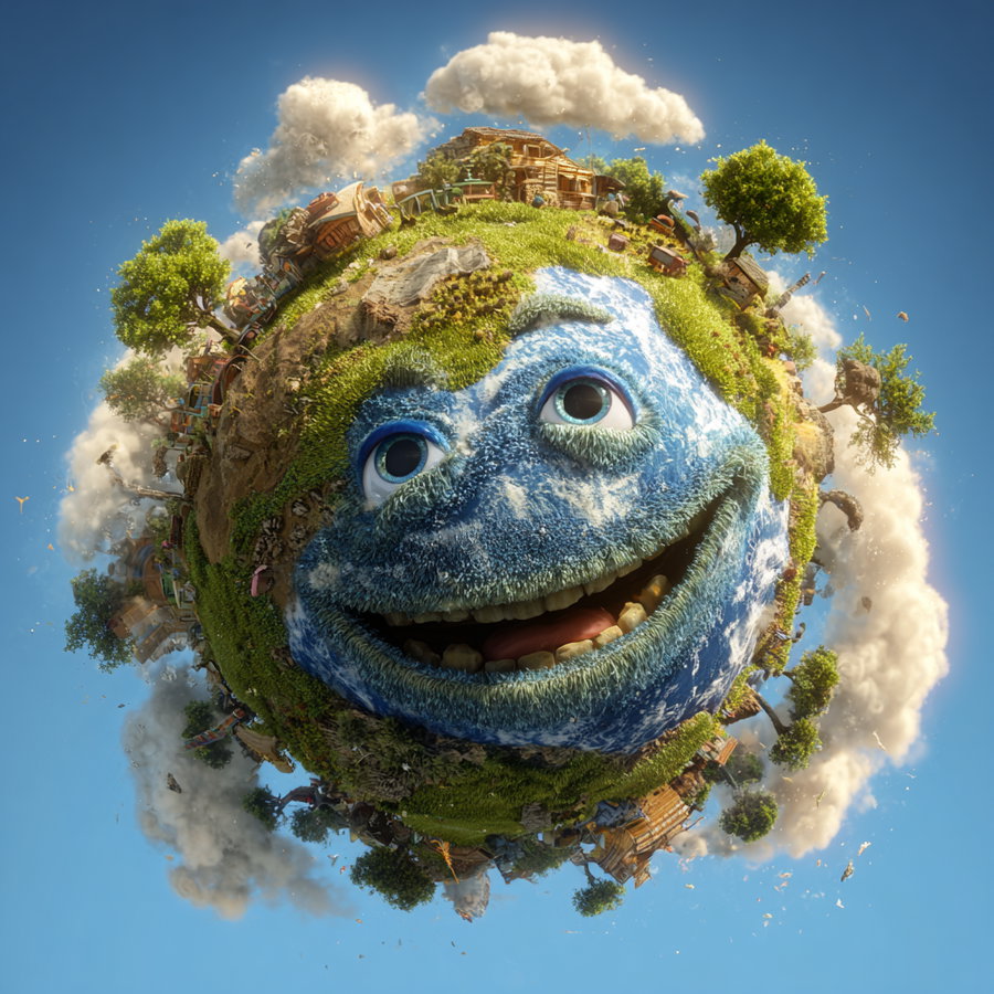 A small spherical planet resembling Earth with a smiling expressive face, surrounded by trees, clouds, and miniature houses