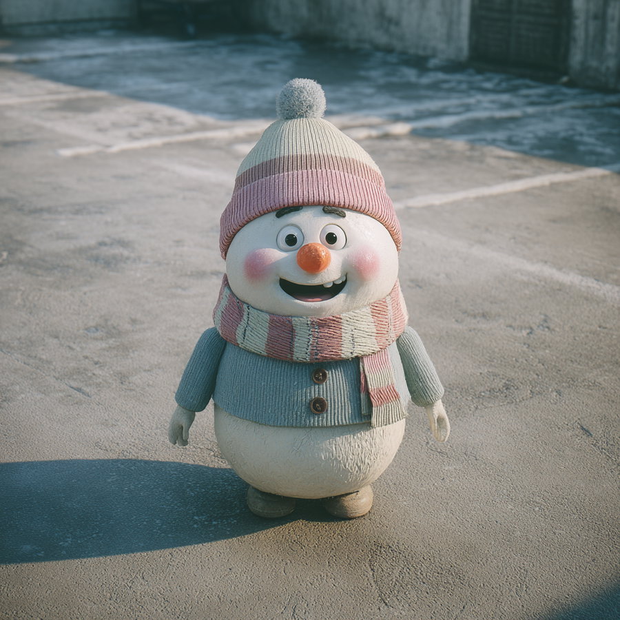 A smiling figurine of a snowman dressed in a knitted hat with a pom-pom and a matching striped scarf on a rough concrete surface