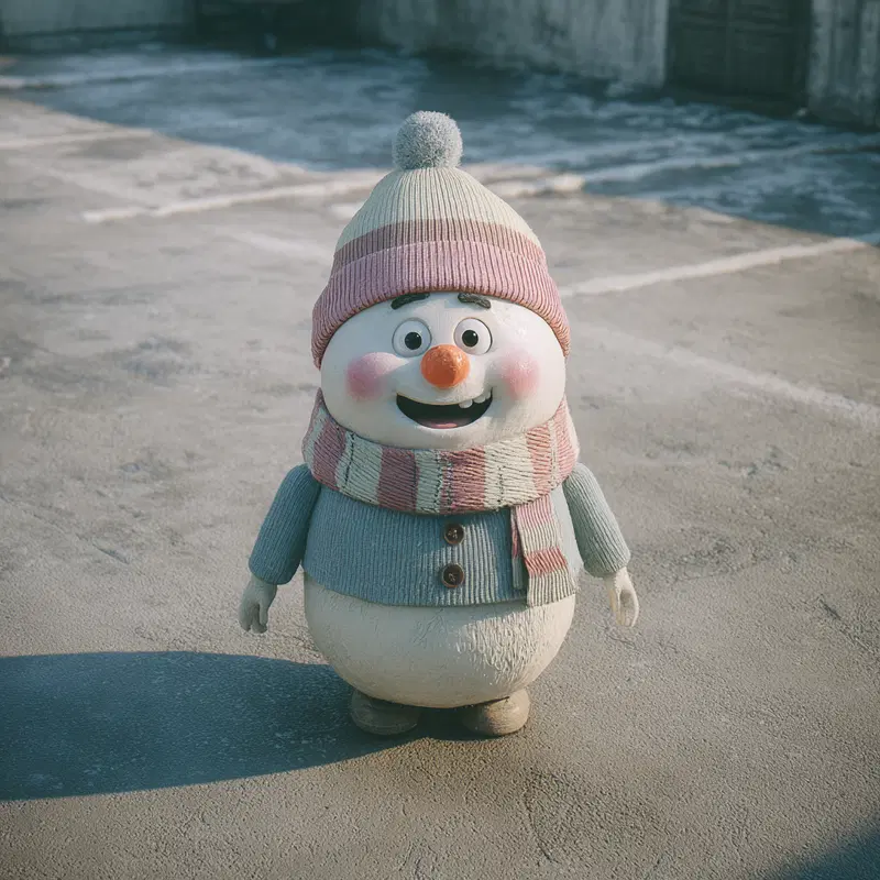 Cute and whimsical snowman wearing a colorful winter hat and scarf