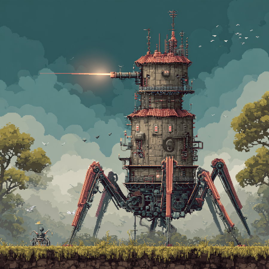 pixel art depiction of a large mechanical tower with six long legs and a laser beam firing from an extended barrel, surrounded by green trees and cloudy sky