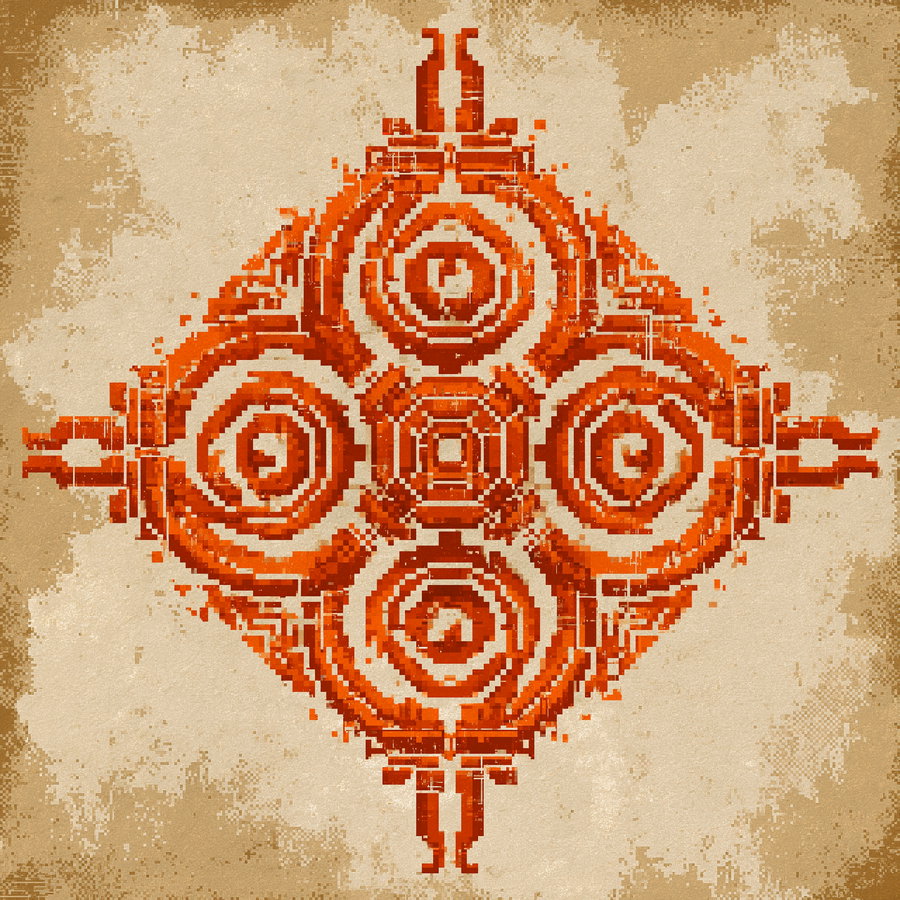 A symmetrical geometric design with circular and angular patterns in red on a textured beige background