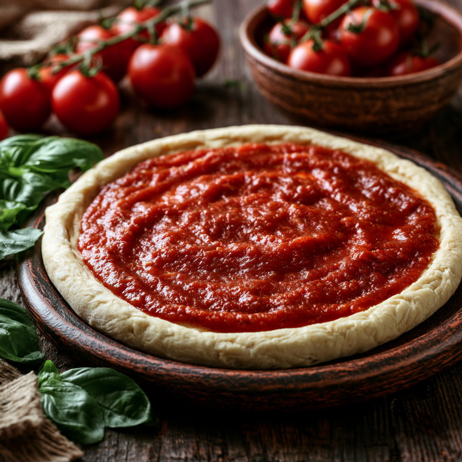 Unbaked pizza dough on a wooden plate topped with tomato sauce, fresh basil leaves, and vine-ripened tomatoes in the background on a rustic wooden surface